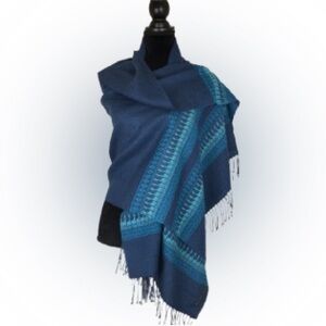 100% Baby Alpaca Fringe Scarf Wrap Blue Teal Alpaca Fair Isle Print Made in Peru